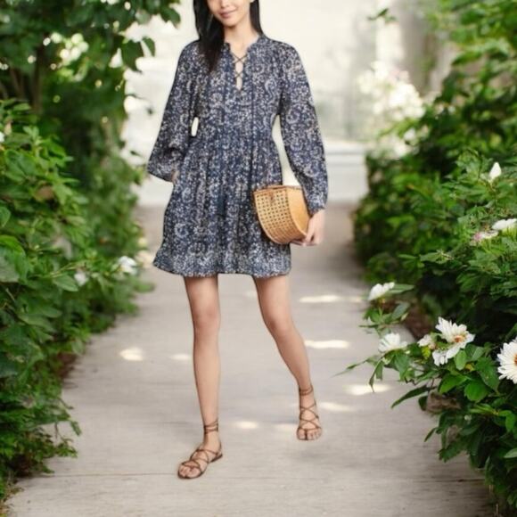 Ulla Johnson Long Sleeve Mini Dress Blue Boho Print Size 4 - Picture 1 of 12